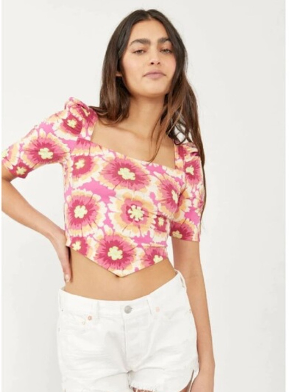 Free People Give Me More Pink Multi Floral Half Sleeve Crop Top